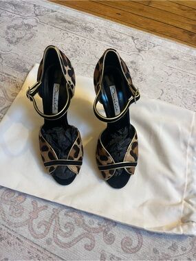 Oscar de la Renta Leopard Print Ankle-Strap Heels with Gold Trim